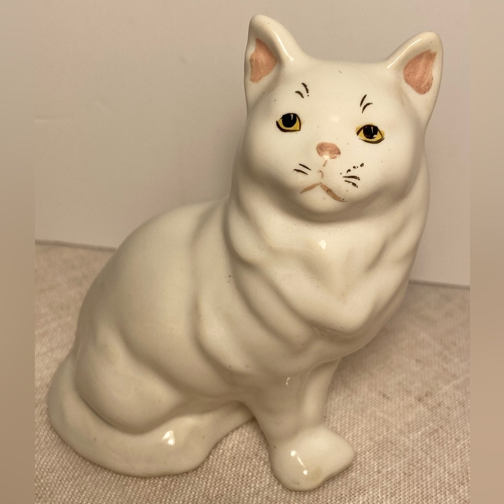 Vintage Cat Figurine White Ceramic kitty sitting long haired Persian MCM cat